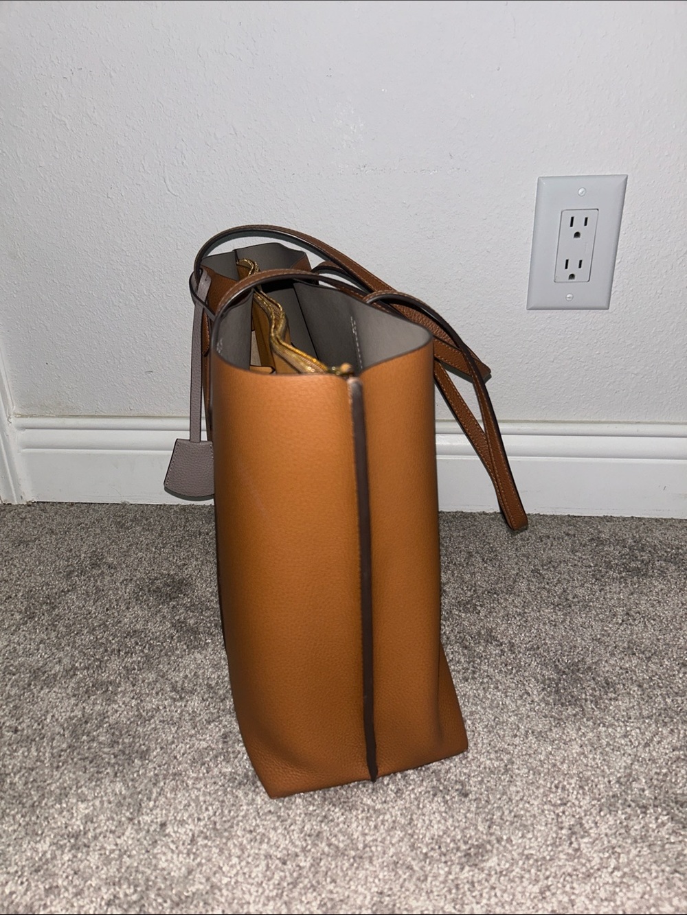 Tory Burch Cognac Pebbled Leather Tote with Taupe Tag Accents - Picture 5 of 14